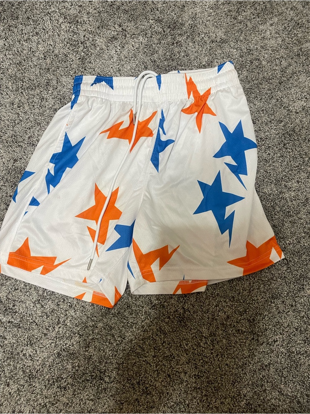 Men's White Athletic Shorts with Blue & Orange Star Print
